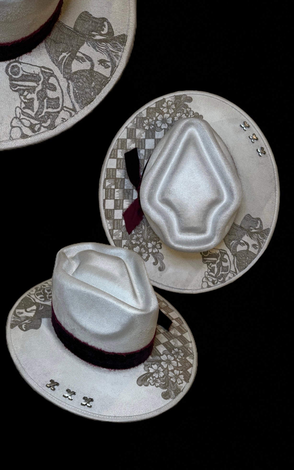 Hand Burned Silver Suede Custom Checkered Cowgirl Hat