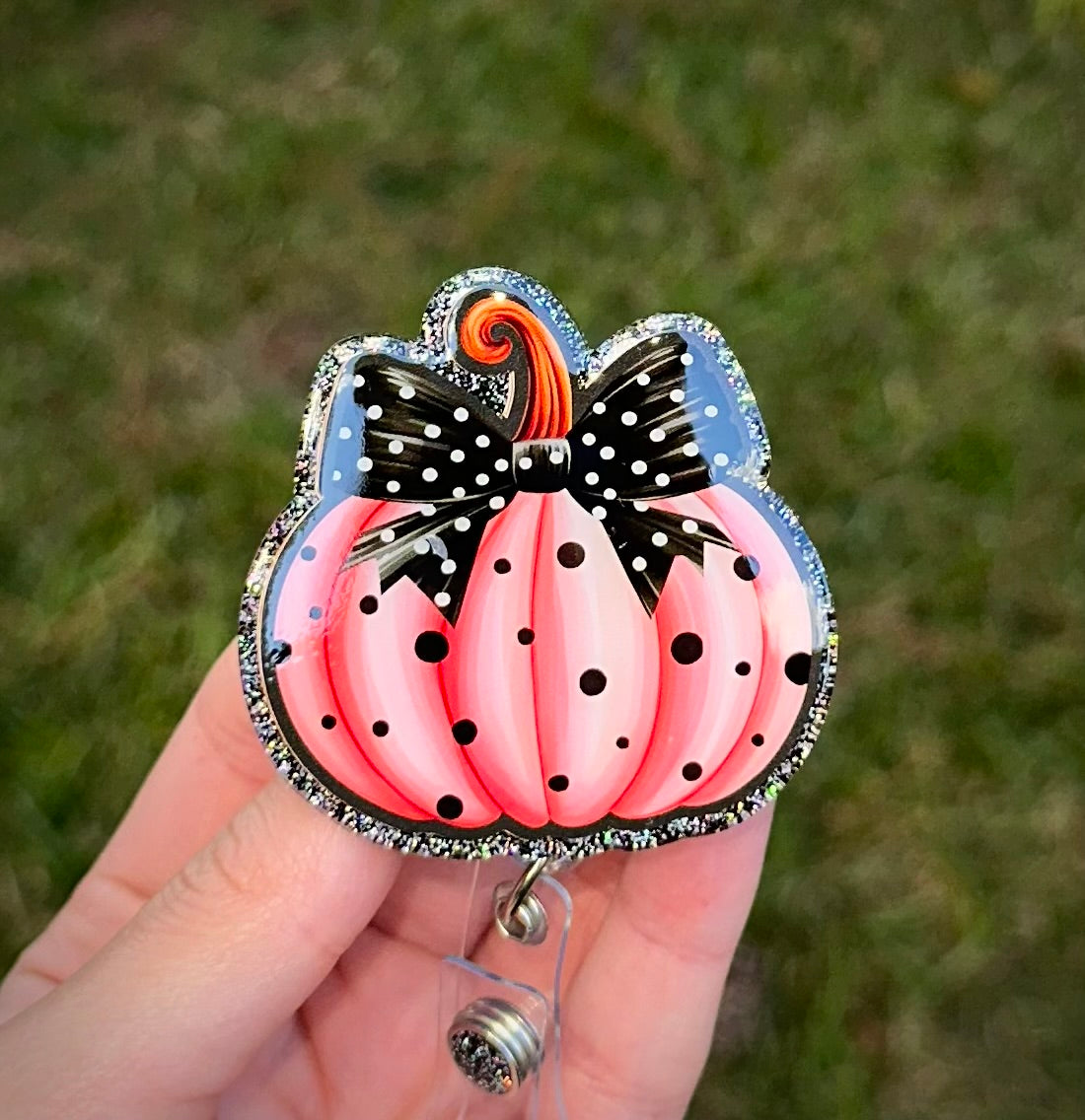 Bow Pumpkin Glitter Retractable Badge Reel
