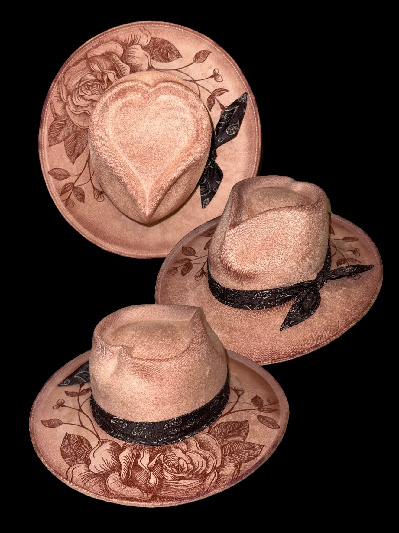 Hand Burned Suede Custom Rose Heart MEDIUM Cowgirl Hat