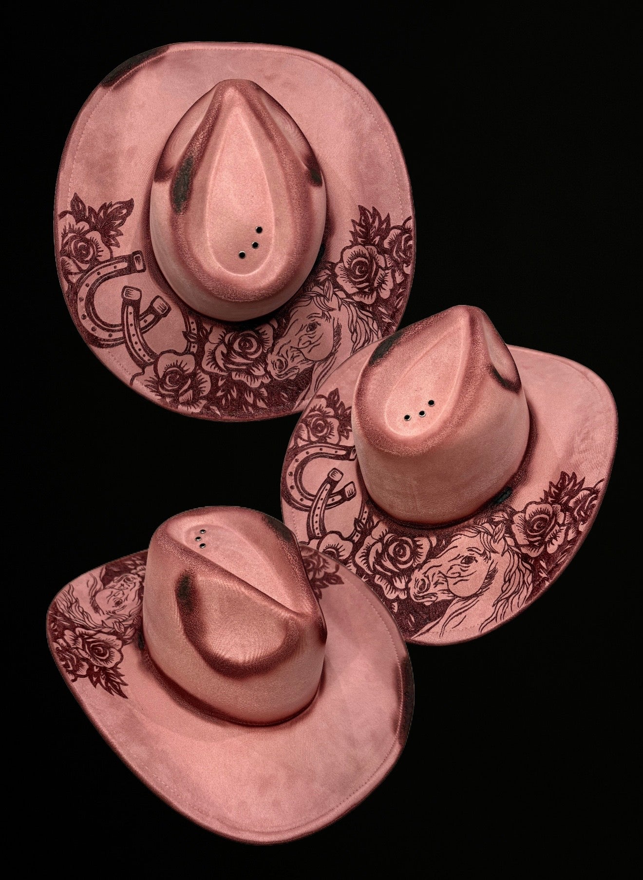 Hand Burned Horse Rose Cowgirl Hat
