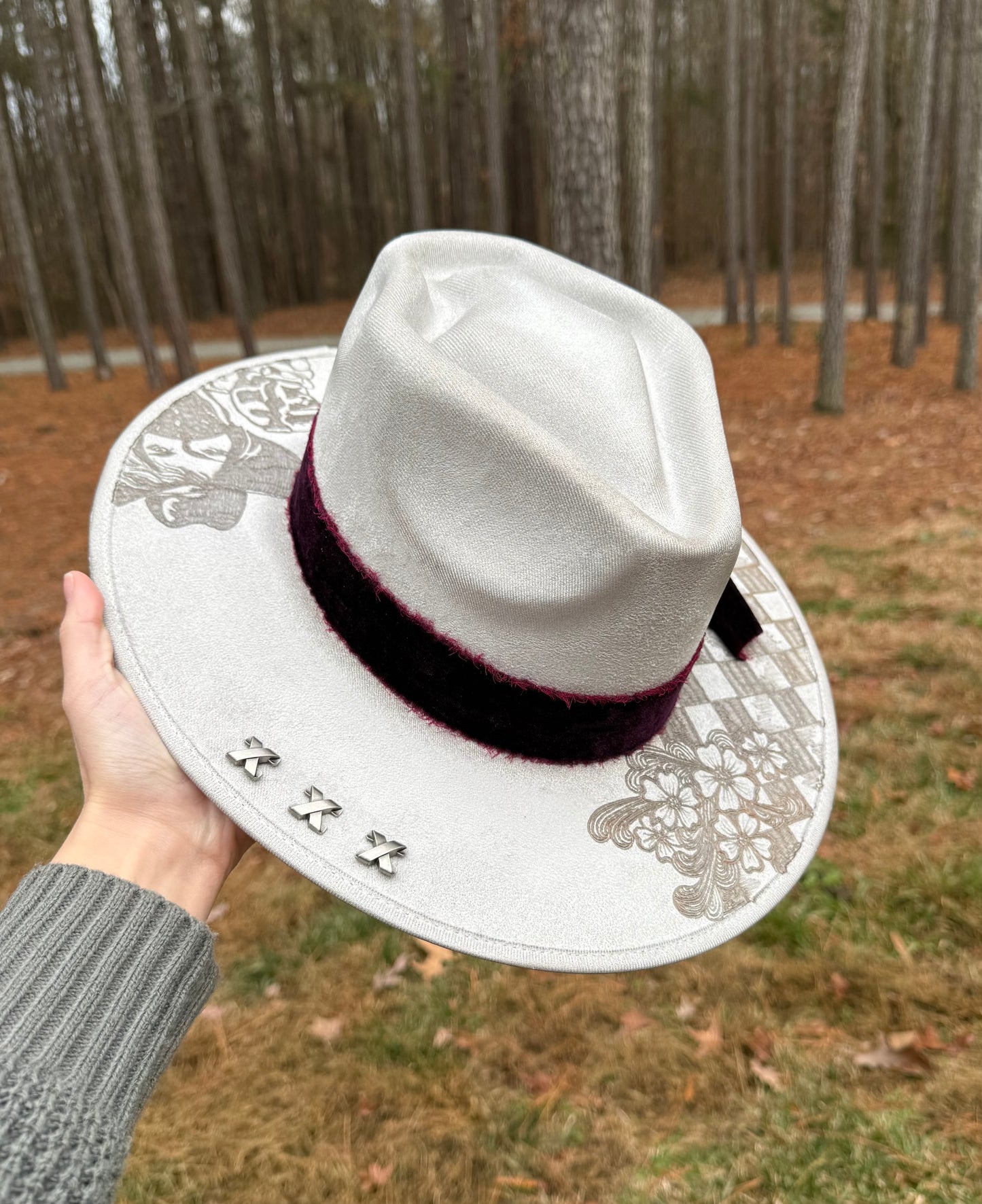 Hand Burned Silver Suede Custom Checkered Cowgirl Hat