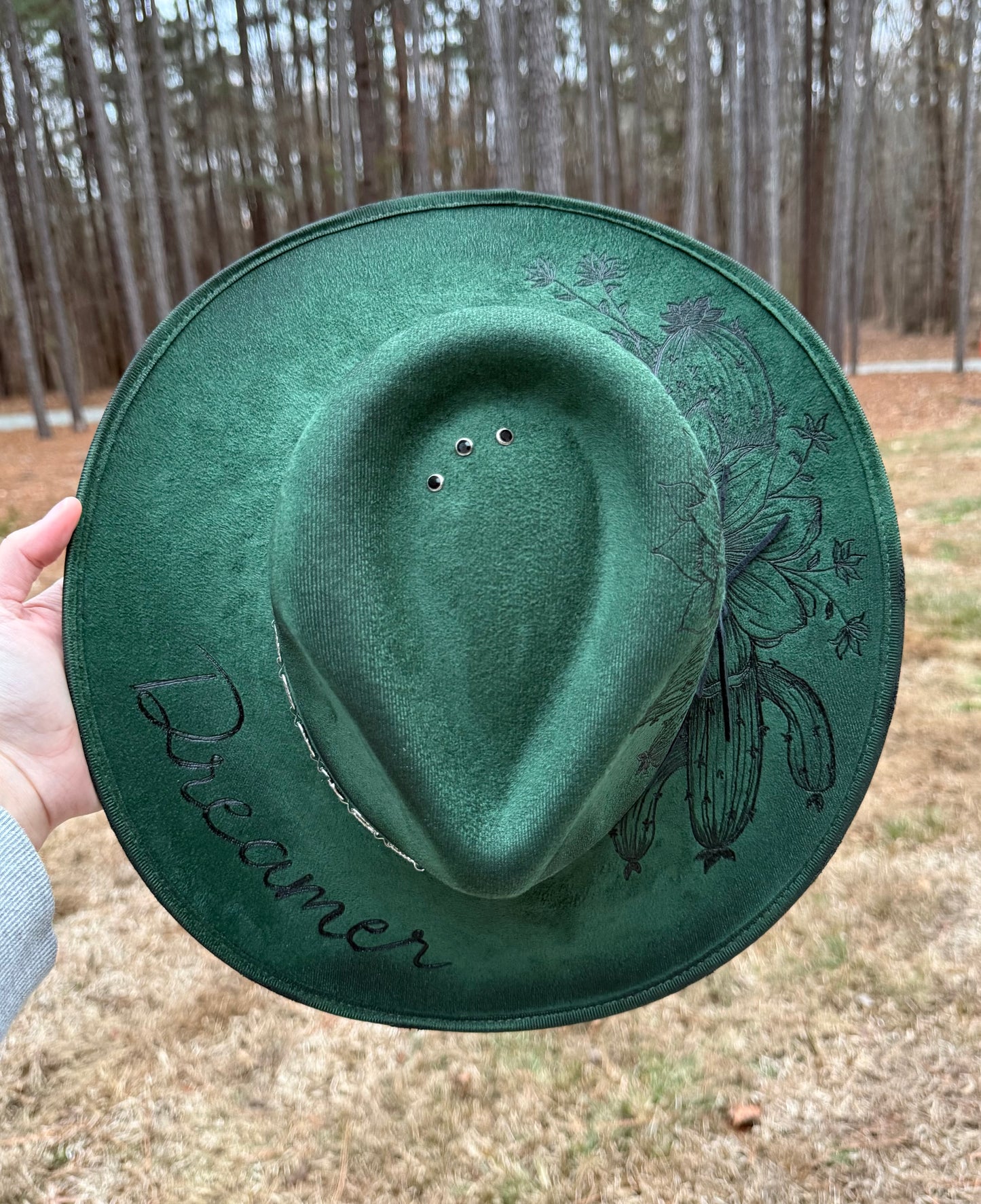Hand Burned Suede Dreamer MEDIUM Emerald Cowgirl Hat