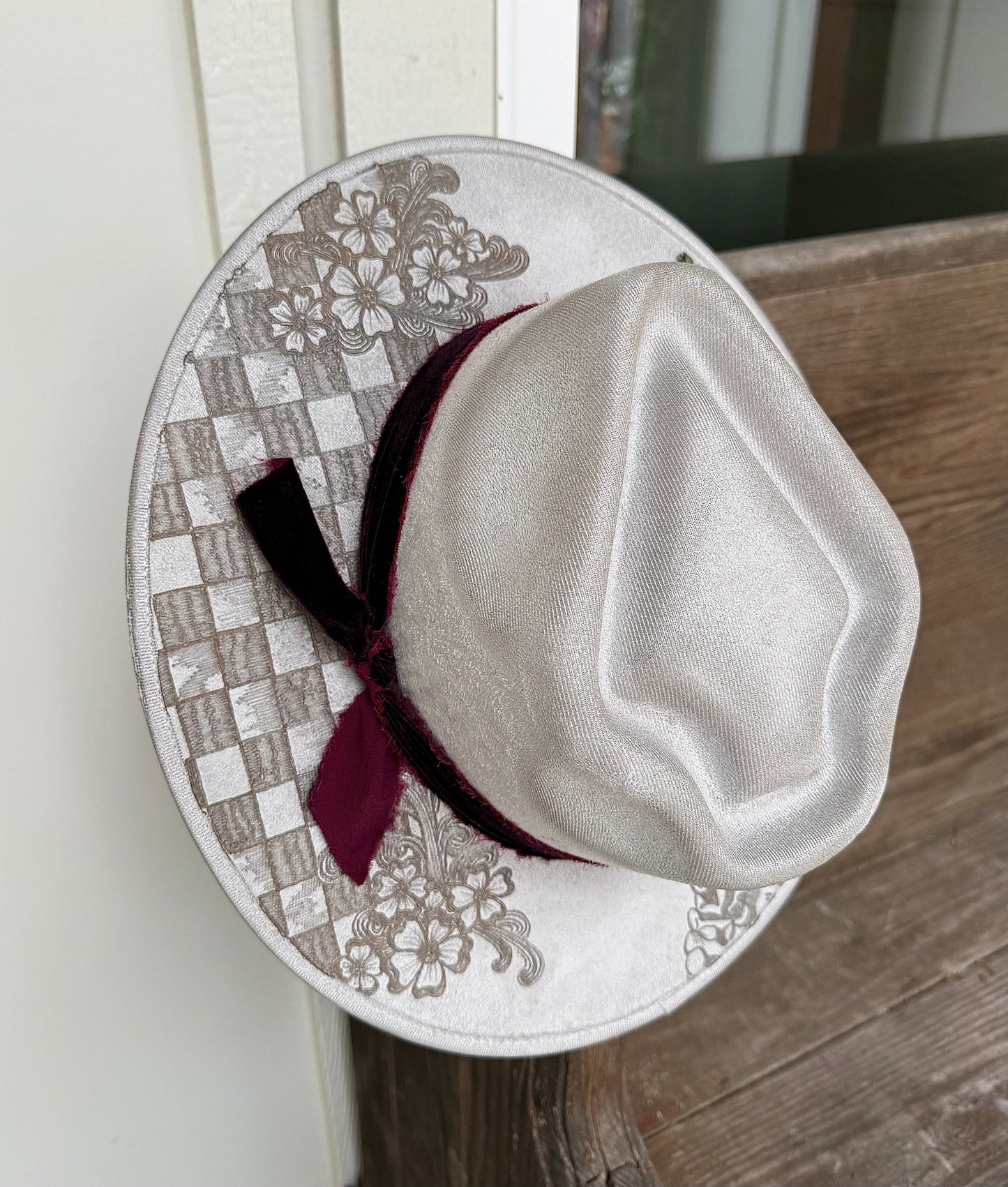 Hand Burned Silver Suede Custom Checkered Cowgirl Hat