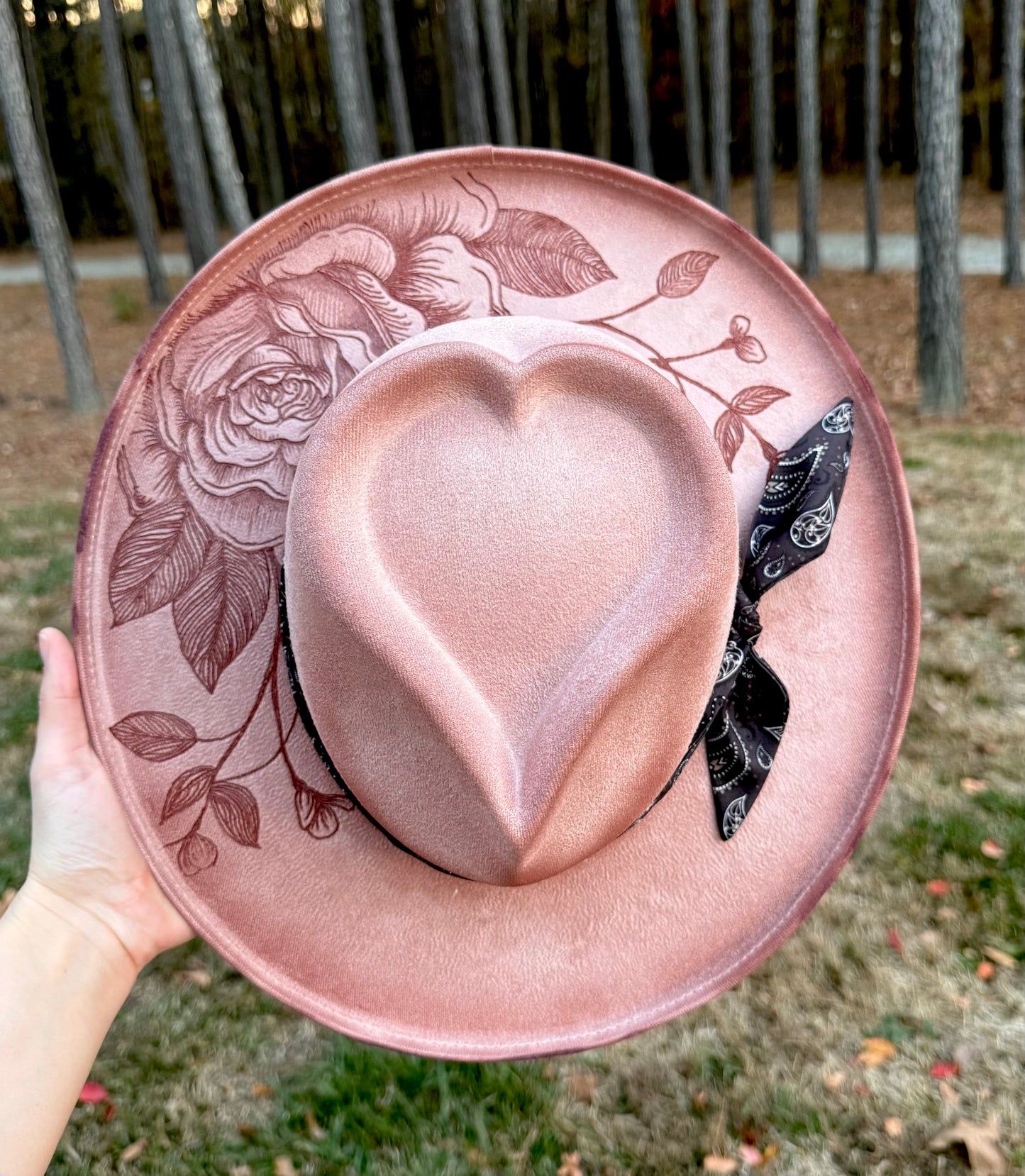 Hand Burned Suede Custom Rose Heart MEDIUM Cowgirl Hat