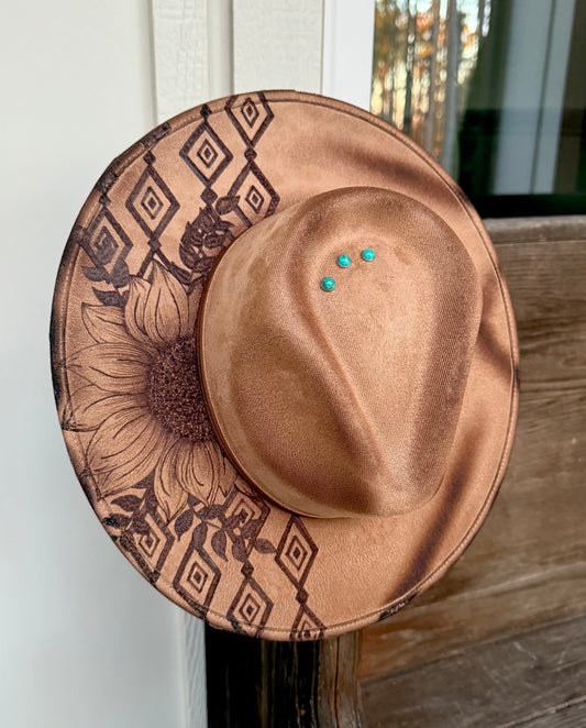 Hand Burned Suede Custom Sunflower/Aztec MEDIUM Cowgirl Hat
