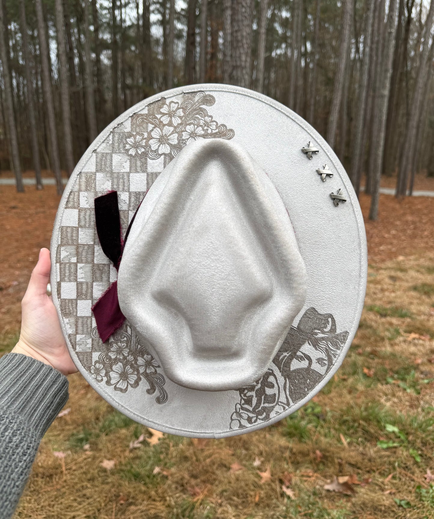 Hand Burned Silver Suede Custom Checkered Cowgirl Hat