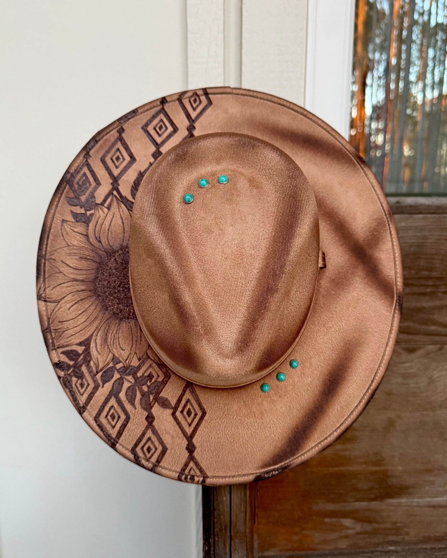 Hand Burned Suede Custom Sunflower/Aztec MEDIUM Cowgirl Hat