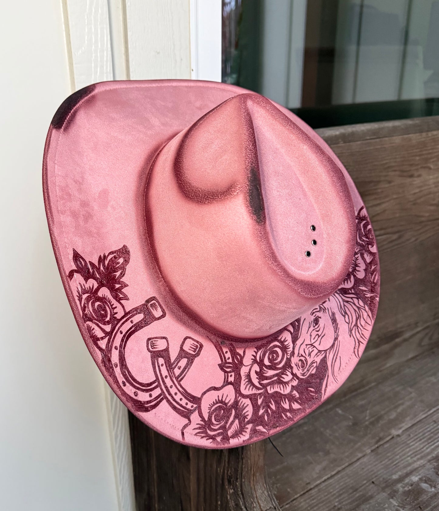 Hand Burned Horse Rose Cowgirl Hat