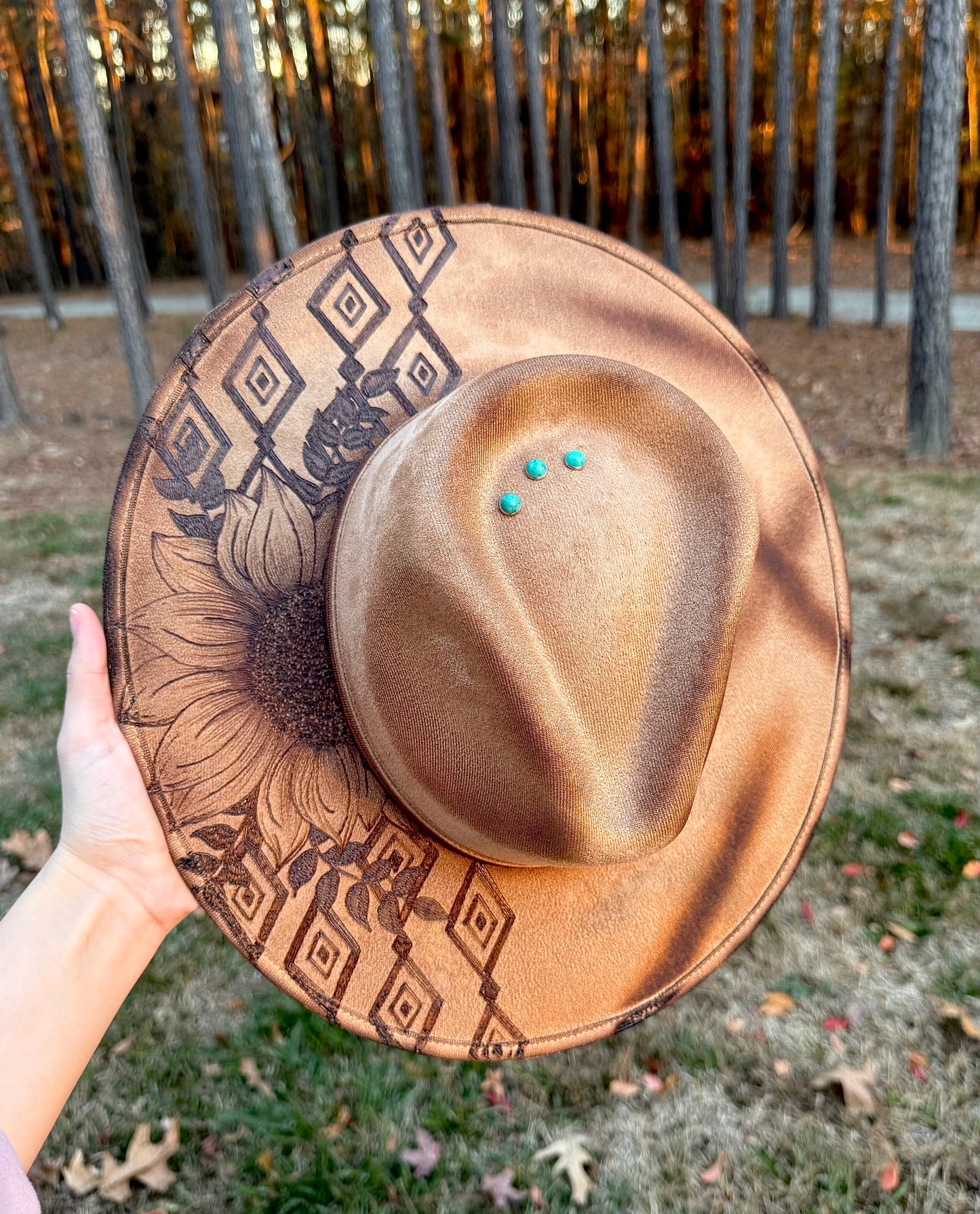 Hand Burned Suede Custom Sunflower/Aztec MEDIUM Cowgirl Hat