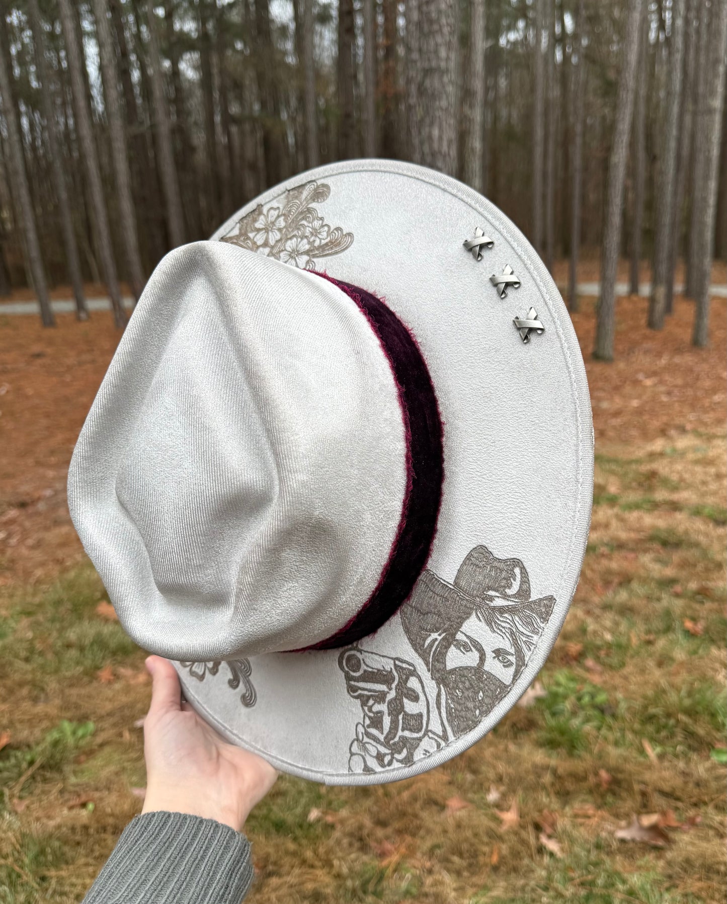 Hand Burned Silver Suede Custom Checkered Cowgirl Hat