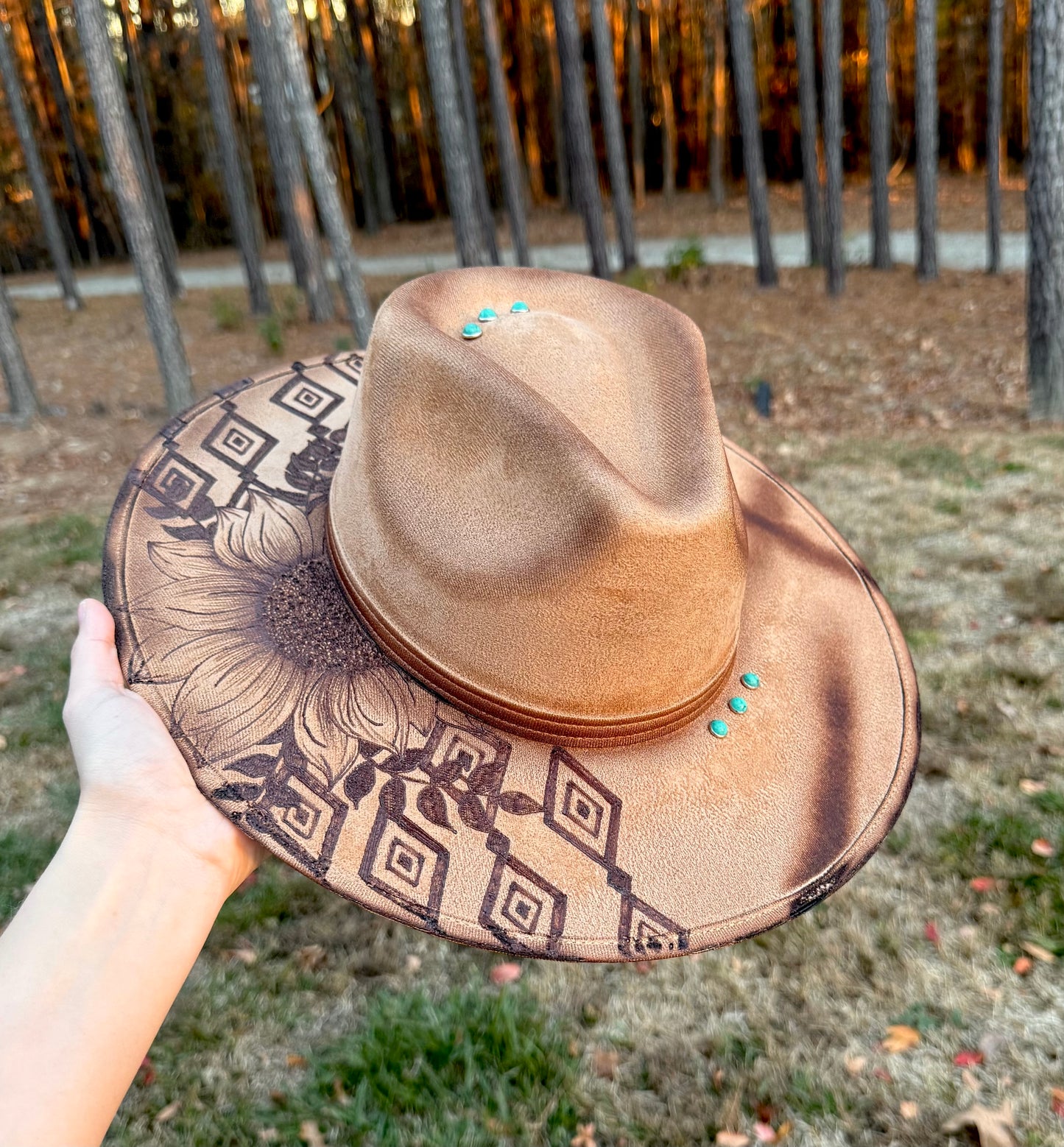 Hand Burned Suede Custom Sunflower/Aztec MEDIUM Cowgirl Hat