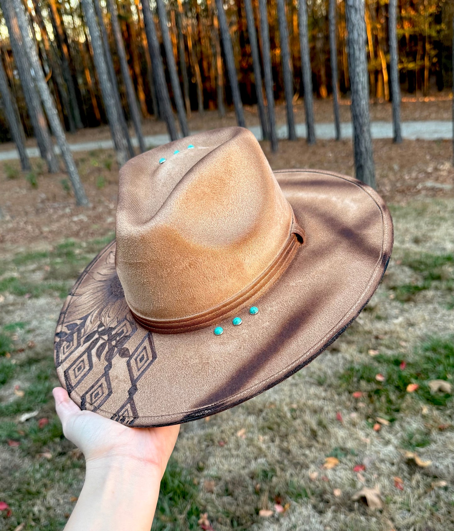 Hand Burned Suede Custom Sunflower/Aztec MEDIUM Cowgirl Hat