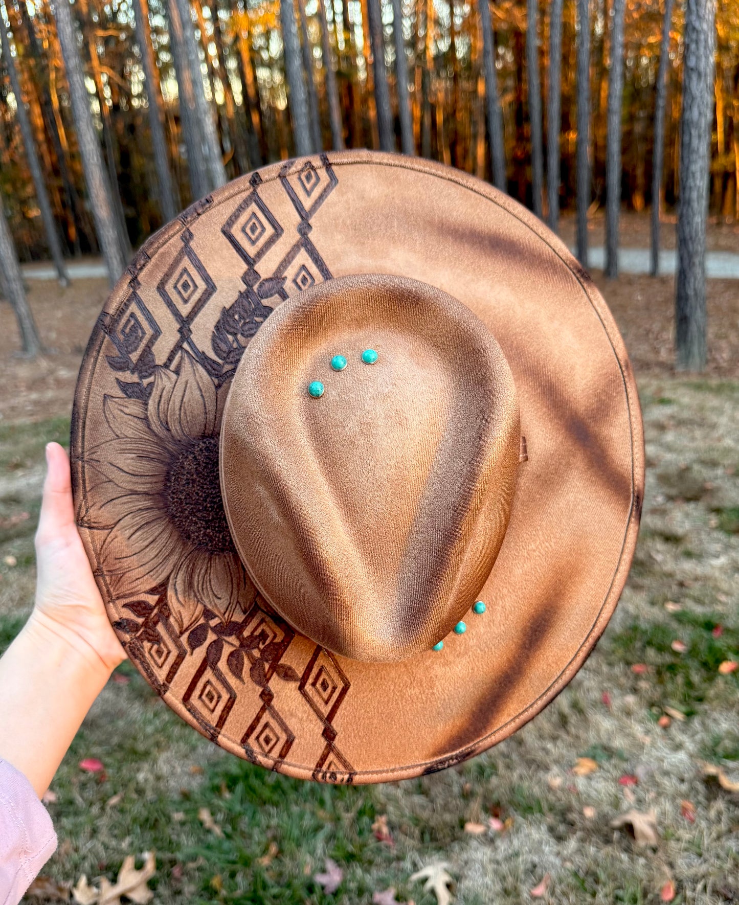 Hand Burned Suede Custom Sunflower/Aztec MEDIUM Cowgirl Hat