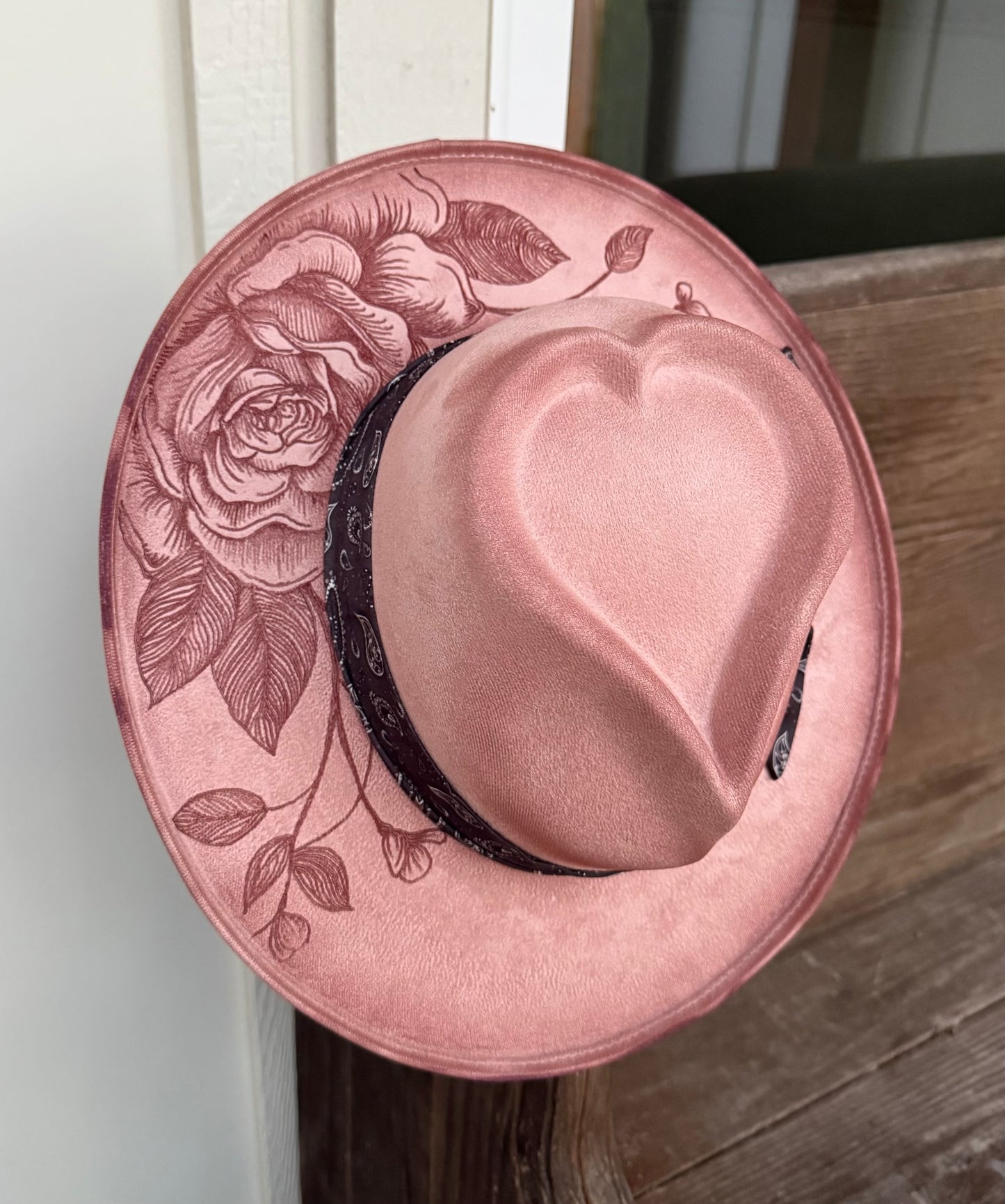 Hand Burned Suede Custom Rose Heart MEDIUM Cowgirl Hat