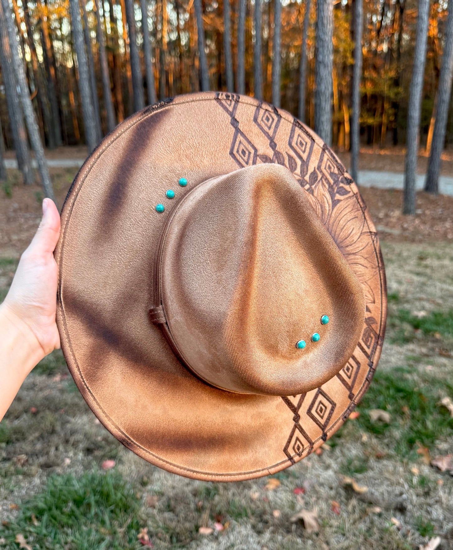 Hand Burned Suede Custom Sunflower/Aztec MEDIUM Cowgirl Hat
