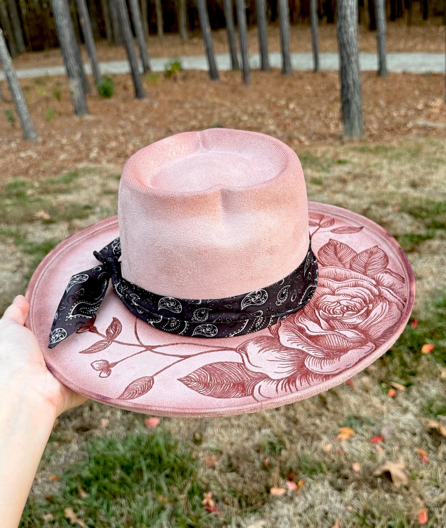 Hand Burned Suede Custom Rose Heart MEDIUM Cowgirl Hat