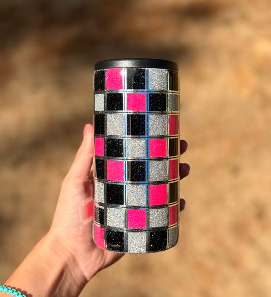 Neon Checkered Skinny Can Cooler