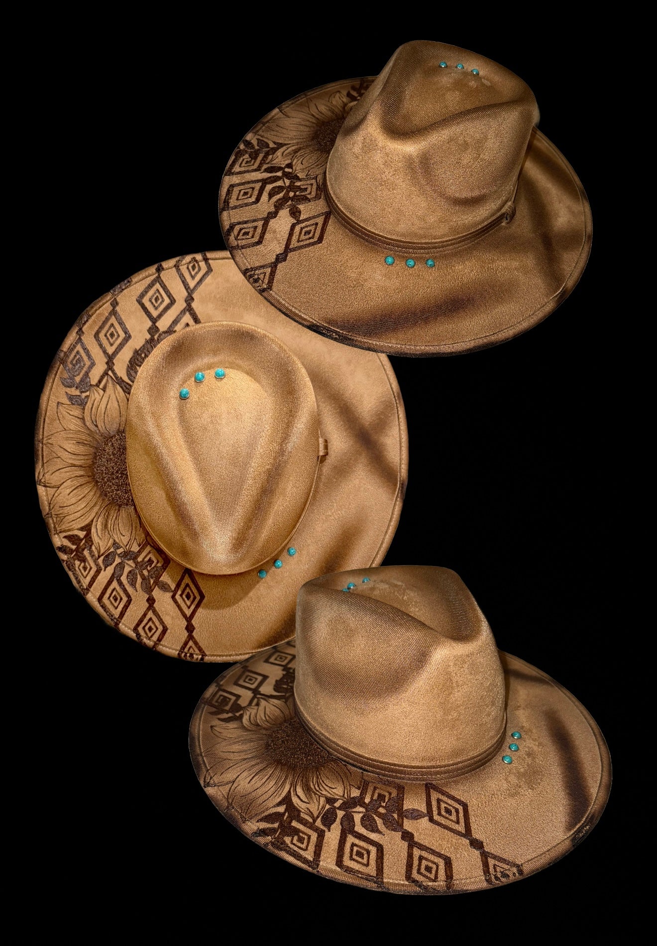 Hand Burned Suede Custom Sunflower/Aztec MEDIUM Cowgirl Hat