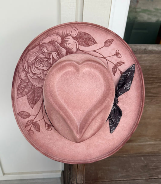 Hand Burned Suede Custom Rose Heart MEDIUM Cowgirl Hat