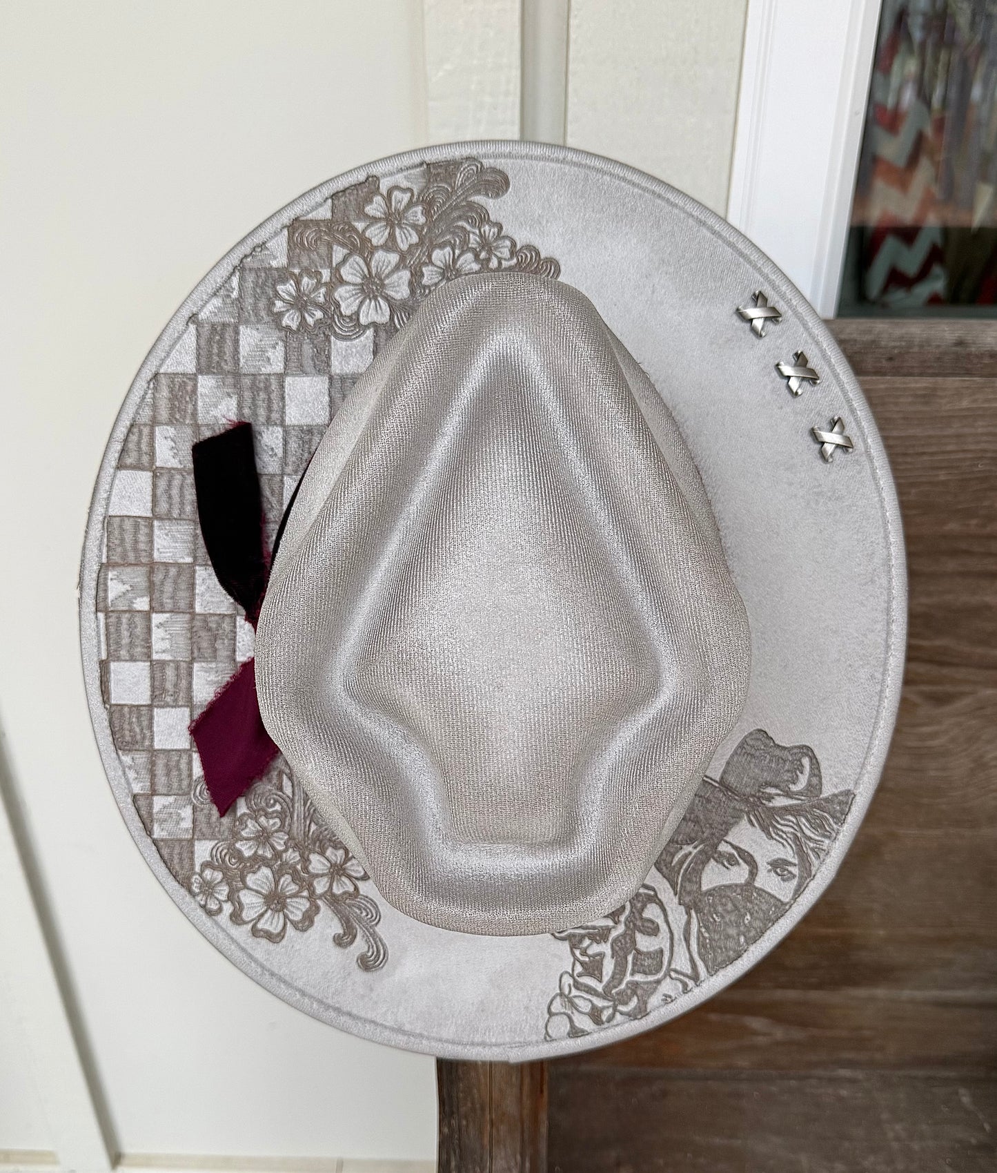 Hand Burned Silver Suede Custom Checkered Cowgirl Hat