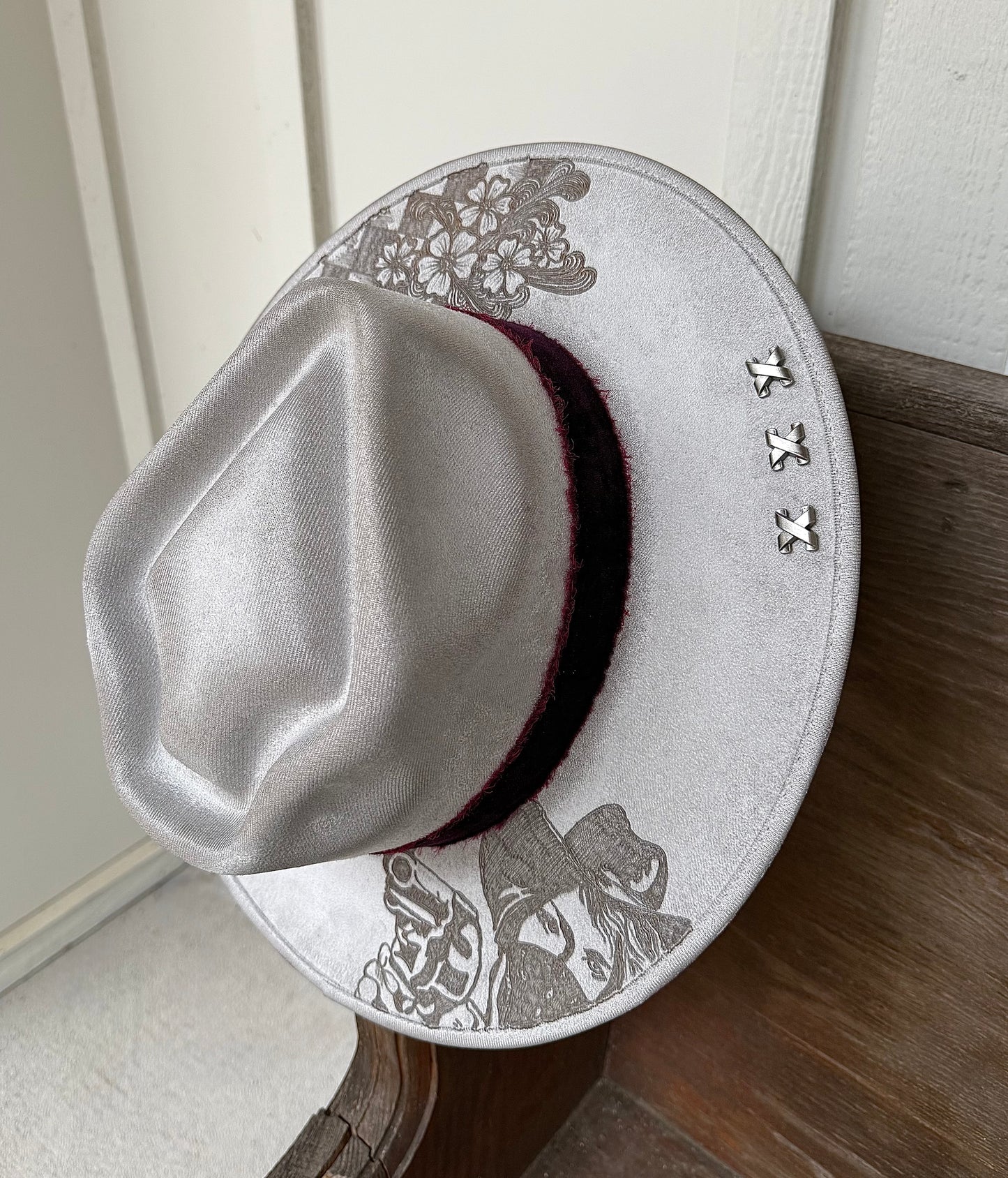 Hand Burned Silver Suede Custom Checkered Cowgirl Hat