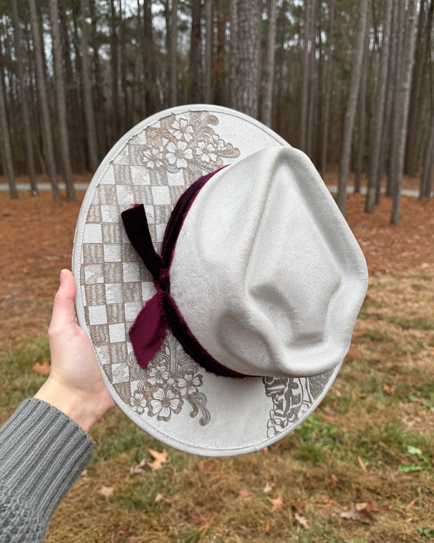 Hand Burned Silver Suede Custom Checkered Cowgirl Hat
