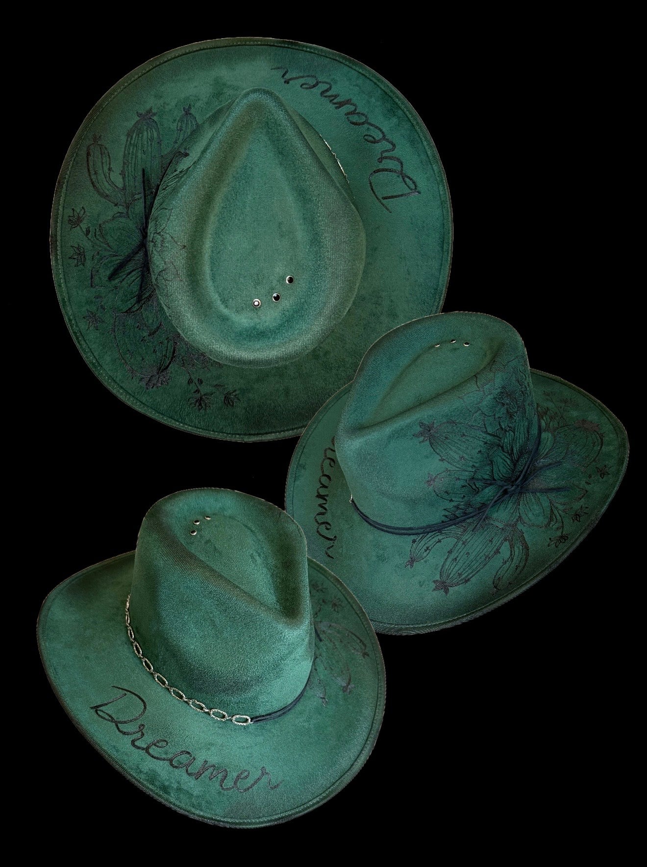 Hand Burned Suede Dreamer MEDIUM Emerald Cowgirl Hat