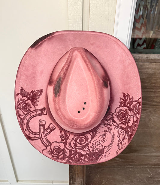 Hand Burned Horse Rose Cowgirl Hat