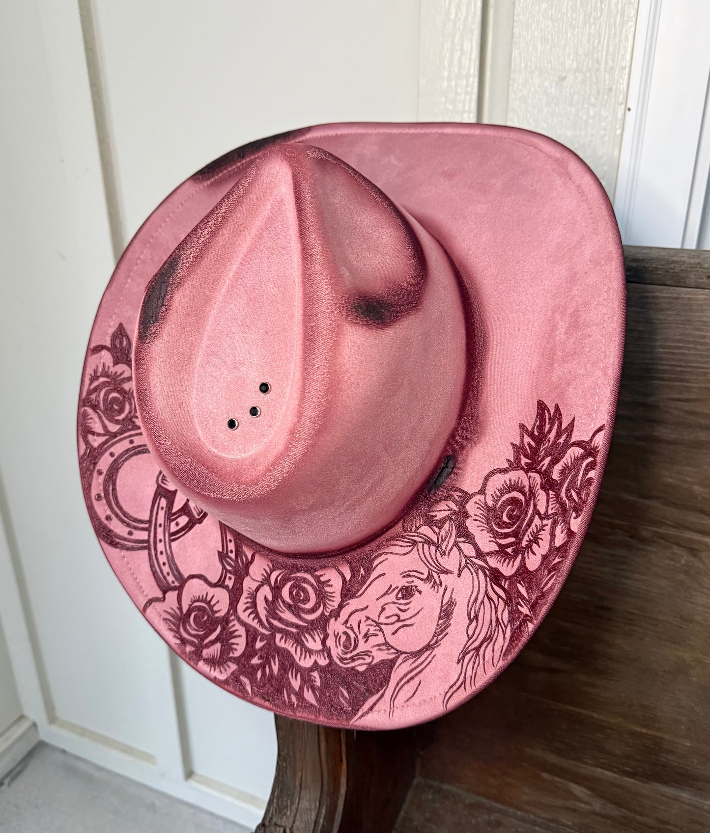 Hand Burned Horse Rose Cowgirl Hat