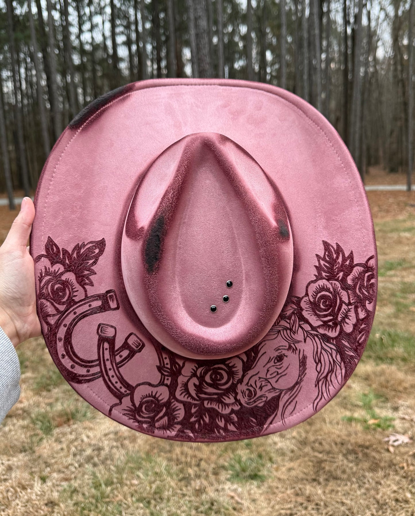 Hand Burned Horse Rose Cowgirl Hat