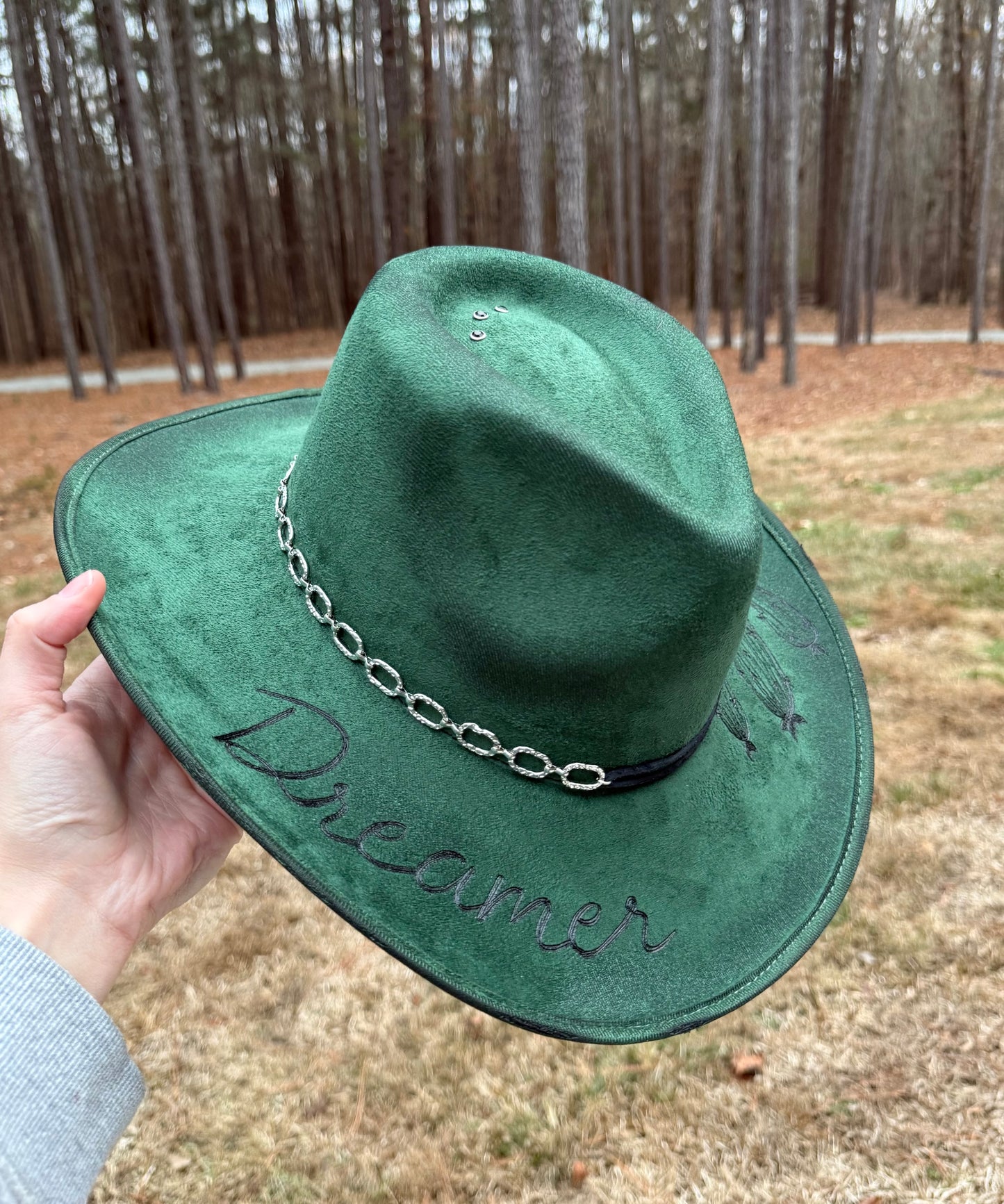 Hand Burned Suede Dreamer MEDIUM Emerald Cowgirl Hat