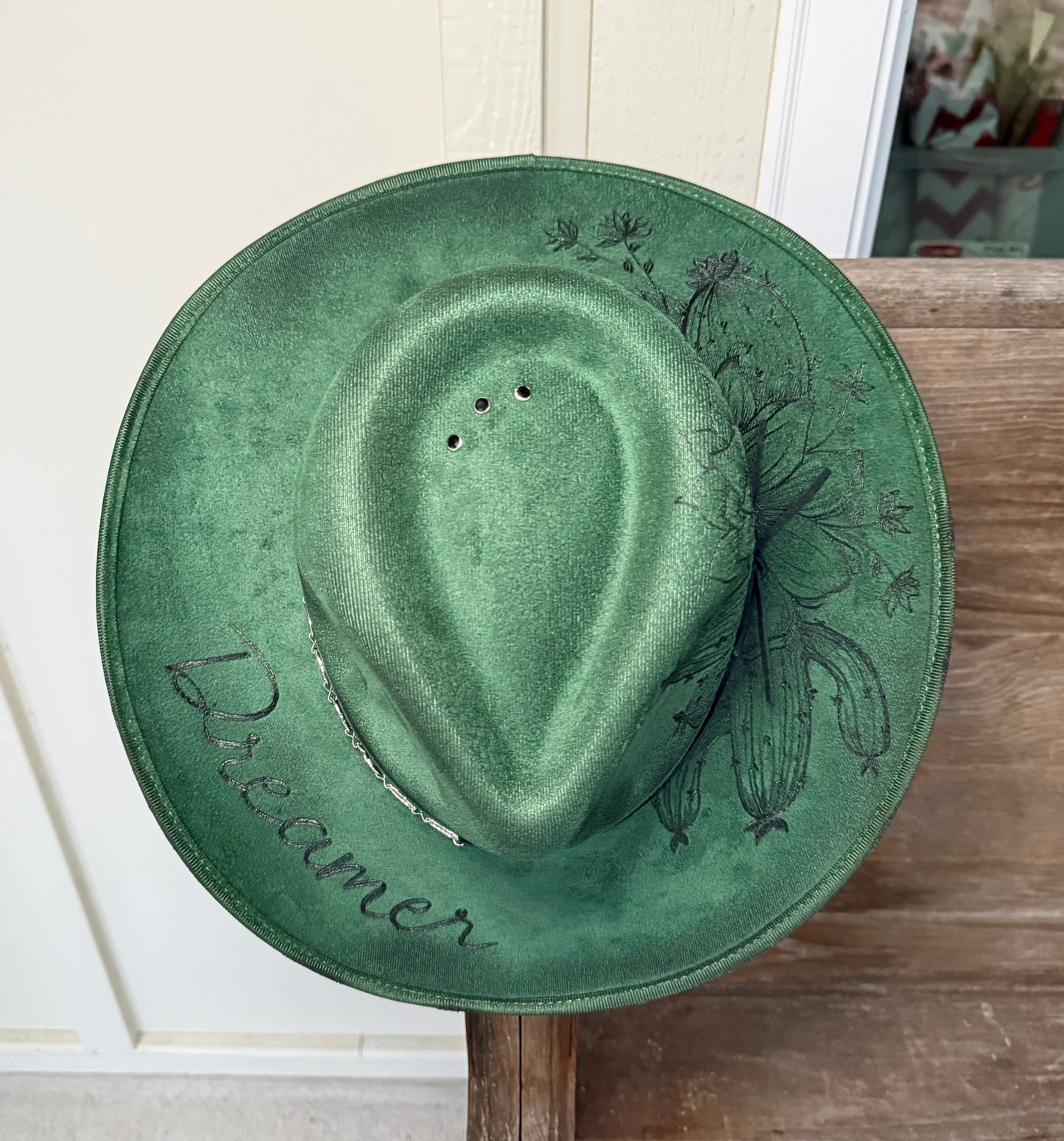 Hand Burned Suede Dreamer MEDIUM Emerald Cowgirl Hat