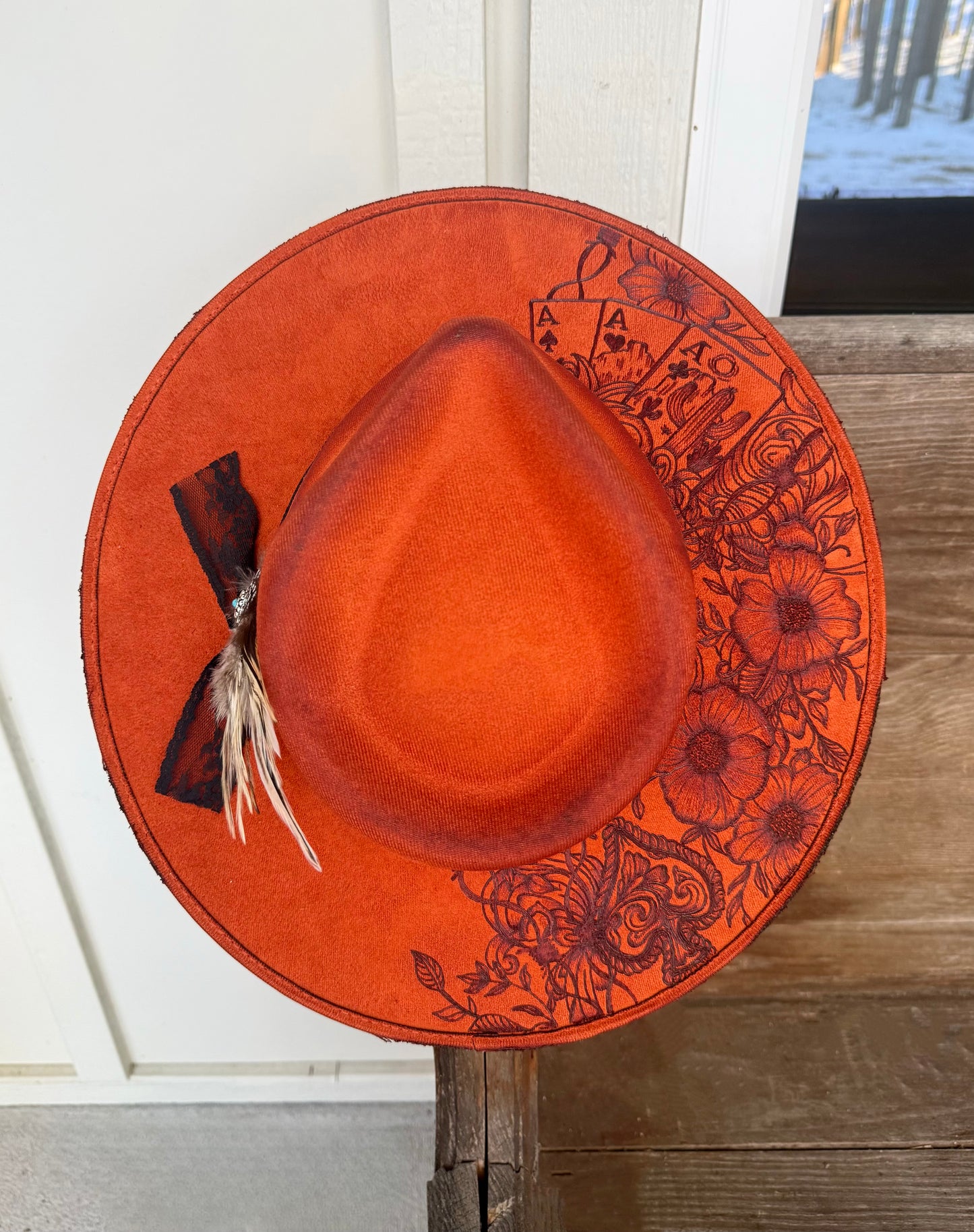 Hand Burned MEDIUM Lace Western Hat