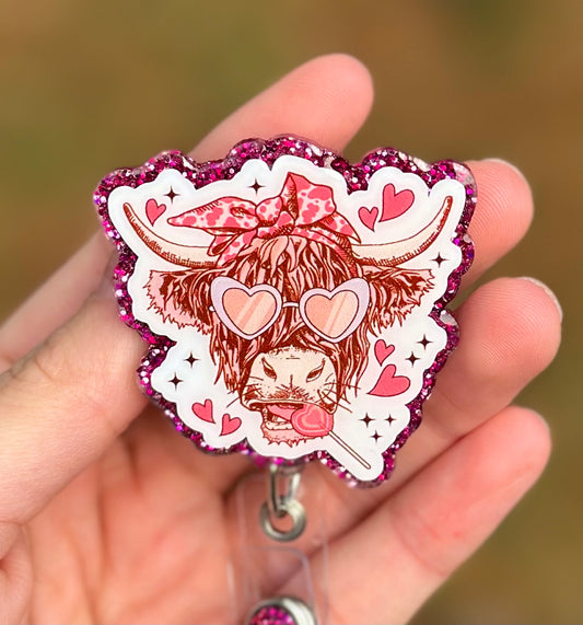 Valentines Highland Cow Retractable Badge Reel