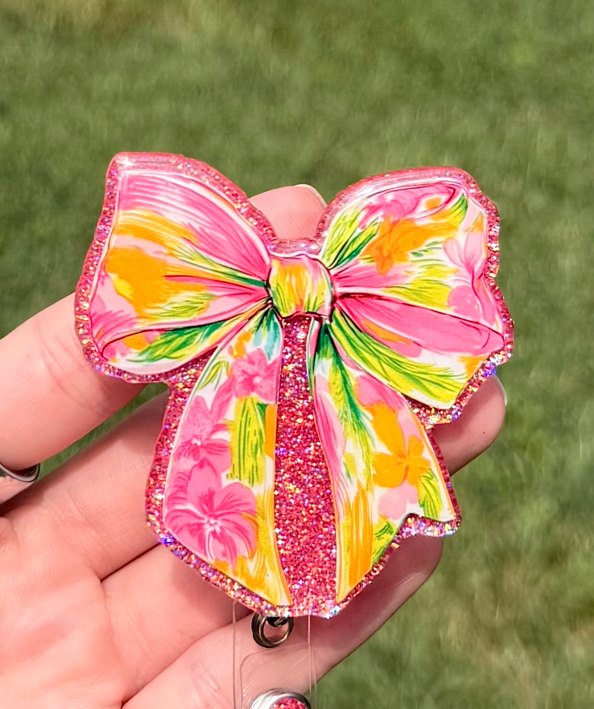 Glitter Floral Bow Badge Reel