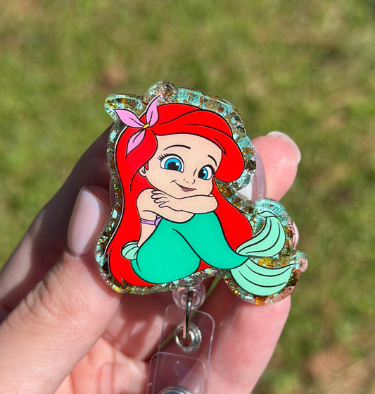 Ariel Sitting Glitter Retractable Badge Reel