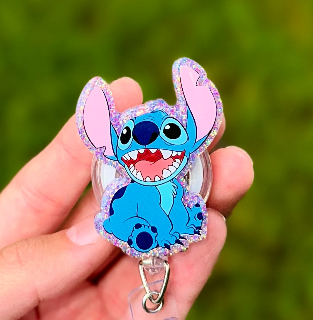 Smiley Stitch Glitter Retractable Badge Reel