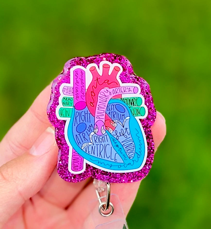 Anatomical Heart Glitter Retractable Badge Reel