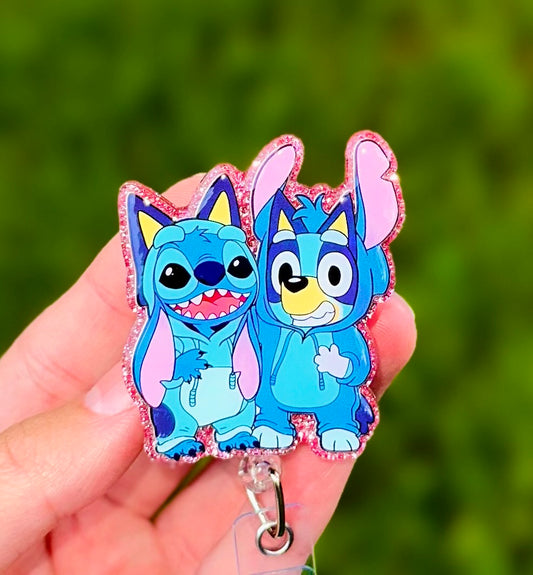 Bluey & Stitch Glitter Retractable Badge Reel