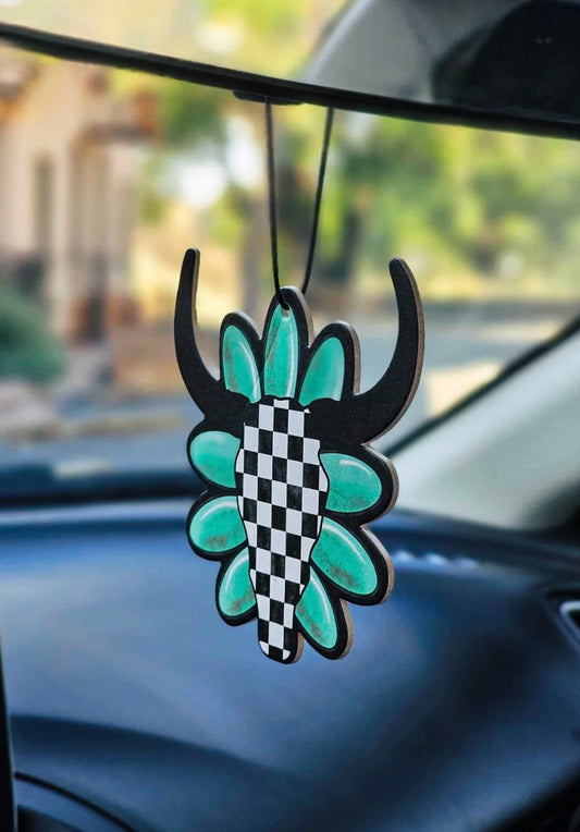 Checkered Cow Skull Car Air Freshener (Vanilla Scent)